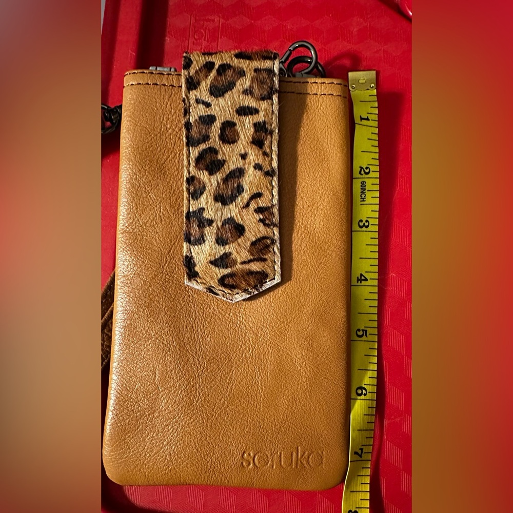 SORUKA Leather Crossbody Phone bag in Tan/Gray and Leopard.